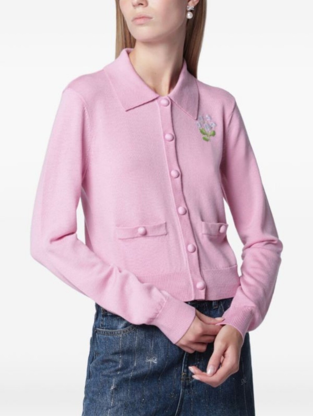 Self Portrait Pink Flower Embroidered Knit Cardigan